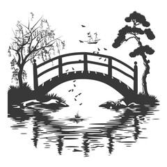 silhouette wooden bridge across the river full black color only