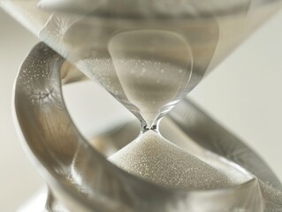 Close-up, high-resolution image showcasing the serene and constant flow of sand in a sculptural sand timer, reflecting the precision and tranquility of time measurement