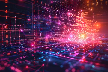 Naklejka premium Abstract colorful image of an abstract glowing purple orange neon data space with a lot of lines and dots
