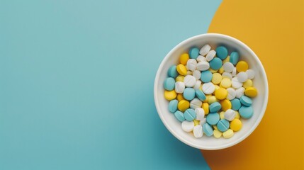 Copy space Breakfast bowl full of blue, yellow and white pills, Top view, flat lay, copy space