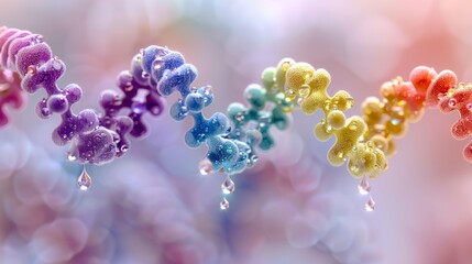 Digital illustration of colorful DNA with liquid drops on a spiral chromosome against a bright background.