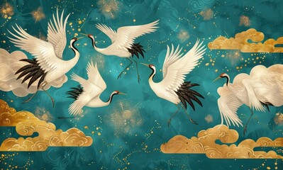 background with wading birds wallpaper - obrazy, fototapety, plakaty