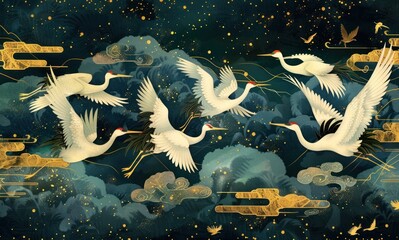 background with wading birds wallpaper - obrazy, fototapety, plakaty