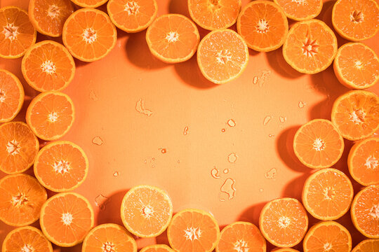 Close up of cut tangerine halves
