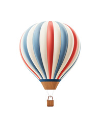 A vibrant hot air balloon, with colorful stripes, floating gracefully, basket attached, against a white background. Generative AI