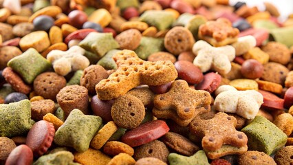 background for a pet store. Assortment of dry pet food. A daily diet of varying shapes and textures.	
