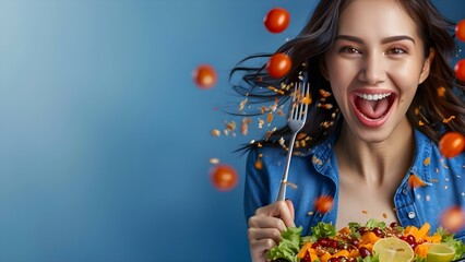 Excited Asian woman with fork and spoon ready to eat healthy food. Concept Food Photography, Asian Cuisine, Healthy Eating, Excited Expression, Dining Experience