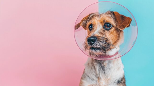 Regal Recovery with Room for Hope: Canine in Cone Collar Bathes in Soft Light (Surreal Studio Portrait)