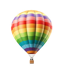 A vibrant hot air balloon, with colorful stripes, floating gracefully, basket attached, against a white background. Generative AI