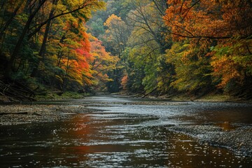 Obraz premium A serene river flowing through a dense forest. Ideal for nature and travel concepts