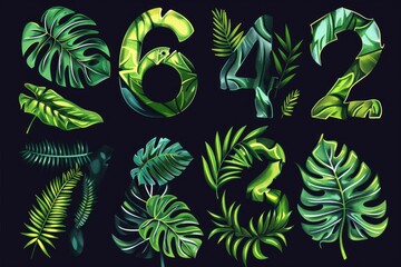 A set of numbers made of vibrant tropical leaves. Perfect for tropical themed designs