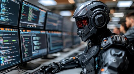 The robot works in an office among people. It is part of the IT team of the future.