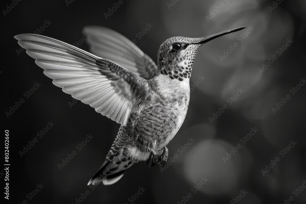 Poster a hummingbird frozen mid-flight, wings perfectly clear as they flutter rapidly,