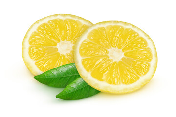 Lemon slices and leaves on an isolated white background.