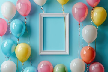 A frame with a white border is surrounded by a bunch of colorful balloons