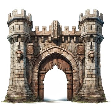 A castle gate with a wooden door