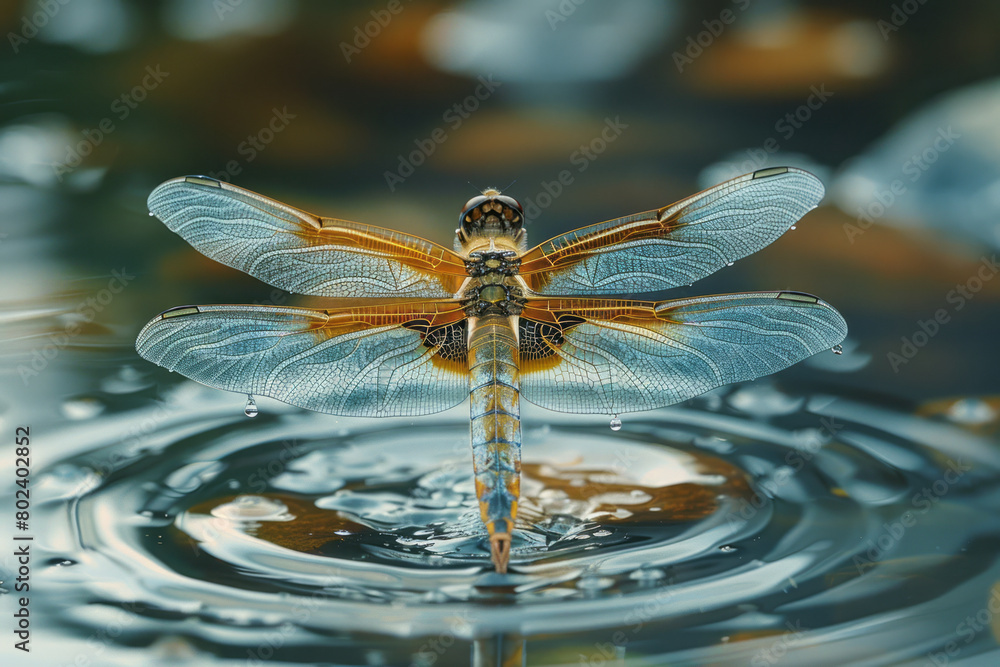 Aufkleber a dragonfly hovering over water, wings beating so fast they appear motionless,
