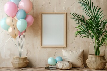 A room with a white frame and a bunch of balloons