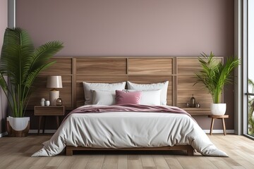 A bedroom with a white bed, a pink pillow, and a green plant