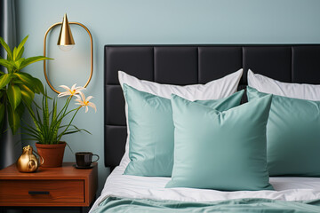 A bedroom with a bed with green pillows and a lamp with a gold base
