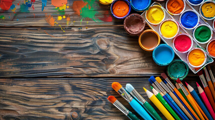 A rustic wooden surface serves as the canvas for a vibrant mix of scattered paint pots, brushes, and colored pencils, evoking a sense of creative chaos.