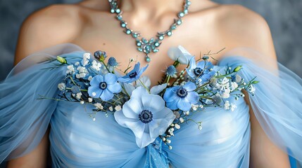 Woman in blue dress with blue flowers on chest, petals on sleeve