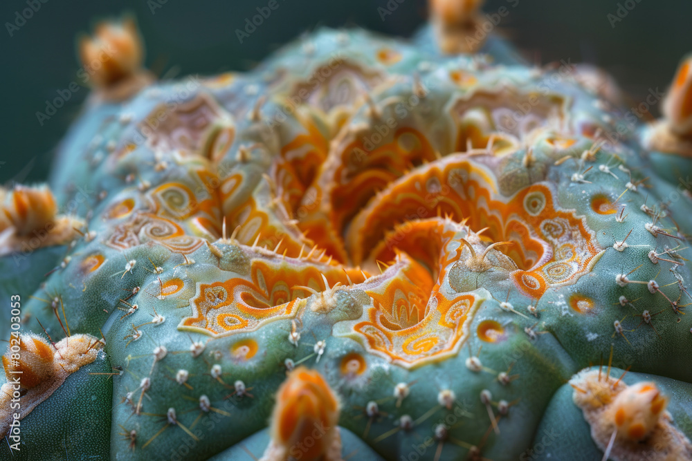 Aufkleber close-up of a peyote cactus with psychedelic spirals and geometric shapes on its surface,