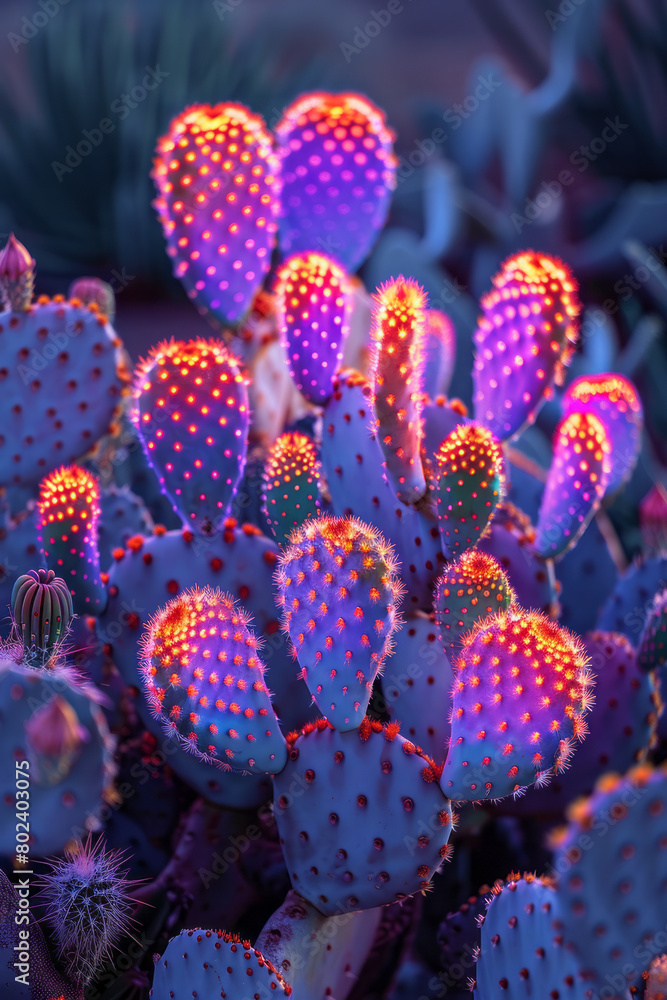 Poster a cluster of peyote cacti, each glowing with different fluorescent colors,