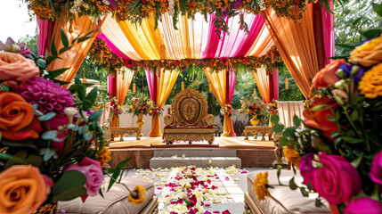 Naklejka premium An opulent outdoor Indian wedding venue adorned with vibrant flowers and luxurious fabrics, creating a festive and colorful atmosphere.