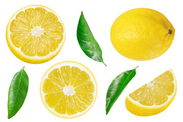 Collection of lemons and leaves on an isolated white background.