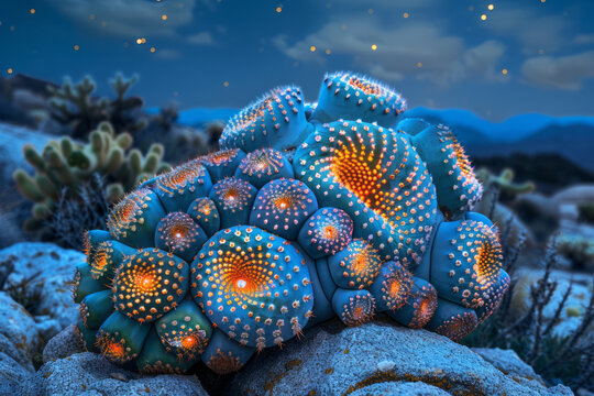 Peyote cactus with vibrant, swirling patterns glowing under a starlit sky,