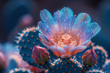 A glowing peyote cactus with neon pink and blue highlights, evoking a sense of wonder,