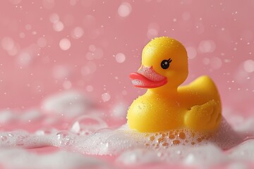 A yellow rubber duck is sitting in a bathtub filled with bubbles