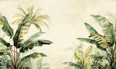 Illustration of tropical palm leaves, exotic flowers with hummingbird. Artwork for wallpaper botanical design. Wildlife and nature. Vintage paper texture.