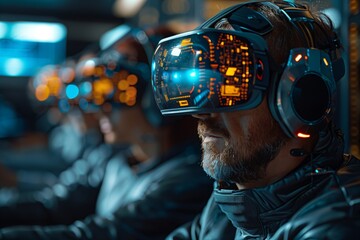 Man experiencing virtual reality with advanced VR headset in a futuristic setting