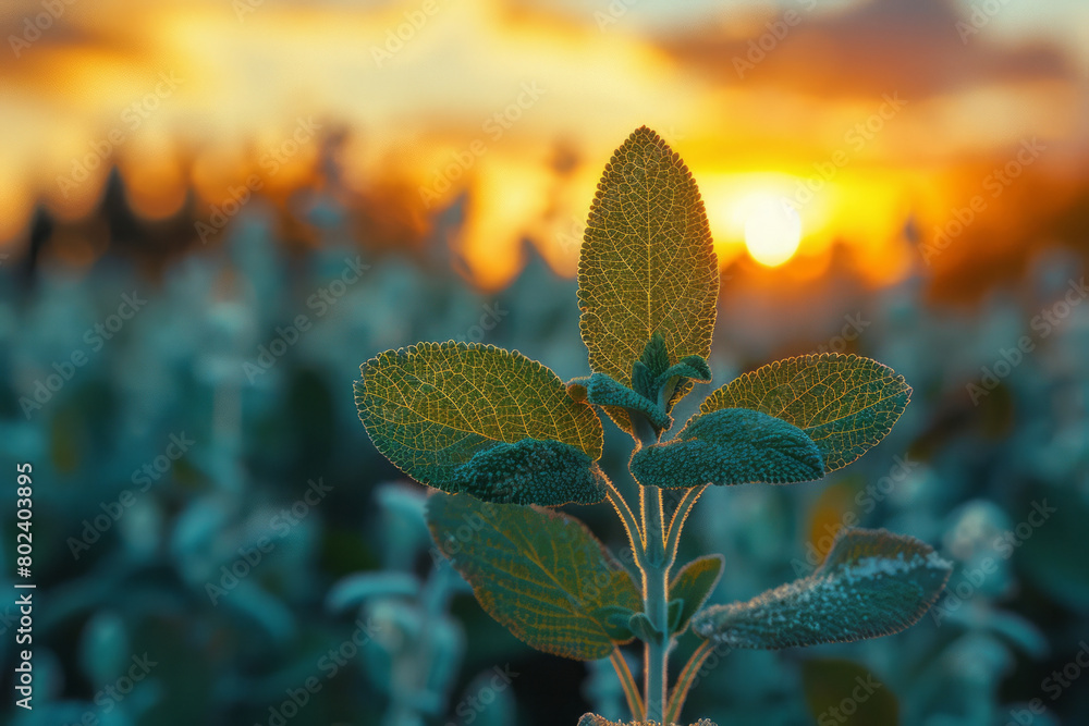 Poster a sage leaf in the foreground with a blurred vision of a shamanic journey in the background,