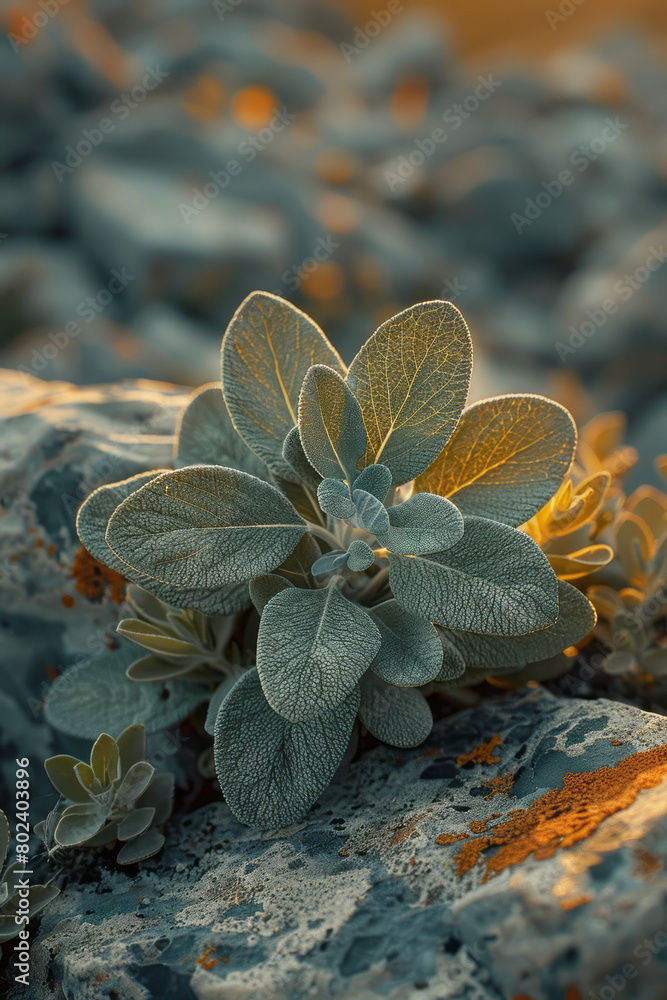 Poster sage leaves orbiting around a mystical stone, their movement creating a harmonic hum,