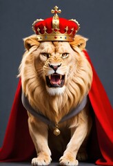 Angry lion wearing a golden crown and kings cape