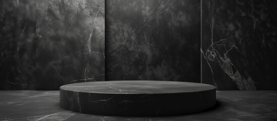 ฺฺBlack stone podium on dark rock background product display platform abstract 3d illustration.

