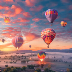 Vibrant hot air balloons soar above a misty landscape at sunrise, creating a picturesque scene.