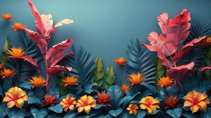 Flowers and Leaves Painting on Blue Background. Generative AI