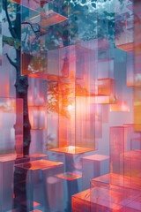 Serenity in Suspension: Pastel Dreamscape of Floating Geometric Shapes,