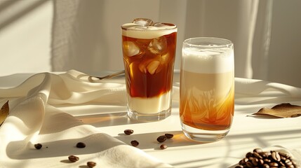 a coffee break with three drinks, a refreshing iced latte in a glass, a velvety cappuccino in a transparent mug, and a unique milk tea concoction with green leaves.