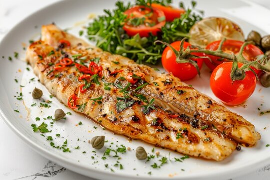 Pike perch, fried sander fish, zander fillet with tomatoes, capers. Barbecue pike meat on white