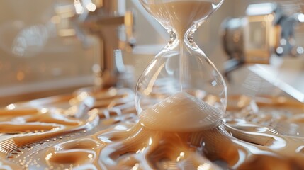 Detailed high-res photo focusing on the moment of rotation for an hourglass, highlighting the precise engineering that allows for smooth flipping