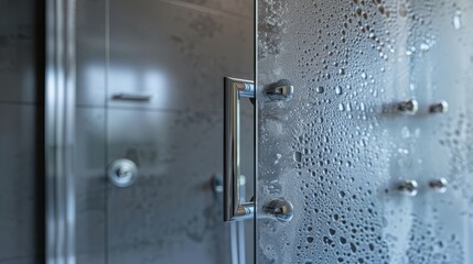 Close-up of a luxurious glass door shower with sleek metal handles and minimalistic design, emphasizing modern cleanliness and sophistication