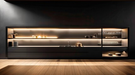 a modern kitchen adorned with sleek black cabinets, a light wood floor, and minimalist white walls, enhanced by wall lighting strips illuminating open shelving and a dark gray backdrop.