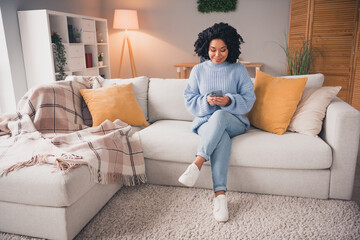 Full length portrait of nice lady use smart phone wear blue sweater modern interior flat indoors