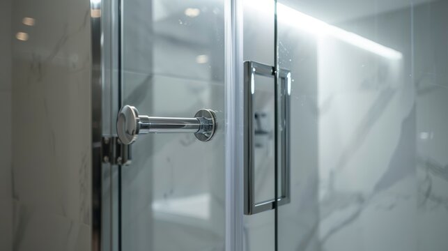 Close-up of a luxurious glass door shower with sleek metal handles and minimalistic design, emphasizing modern cleanliness and sophistication