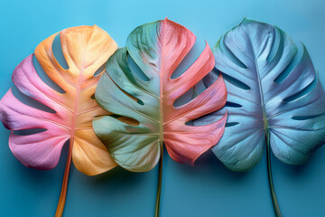 Trio of Pastel Monstera Leaves: A Study in Harmonious Color Gradients,